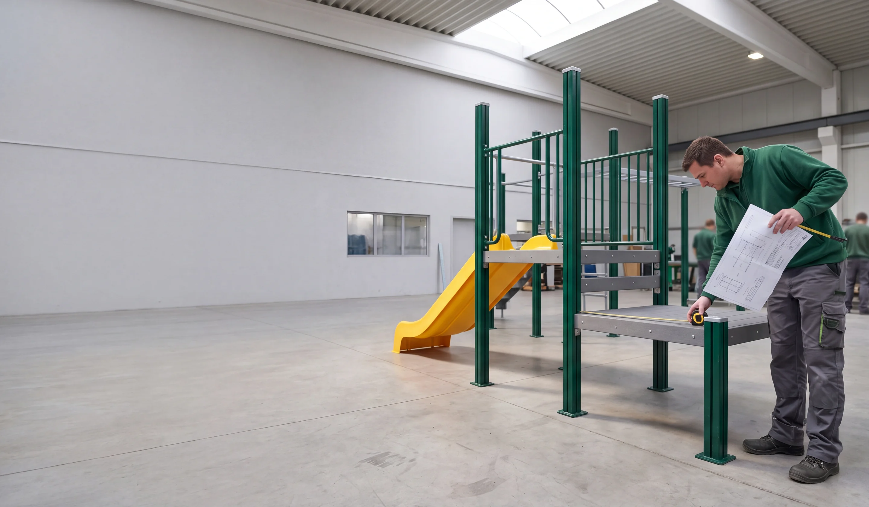 QC inspector checking a pre-assembled outdoor play structure against a printed drawing in the factory pre-assembly yard