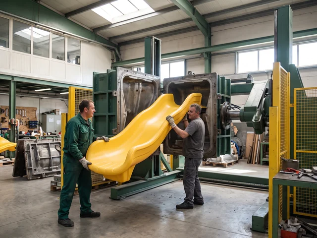 Steel rotomolding mold for a playground slide opened in the rotomolding workshop