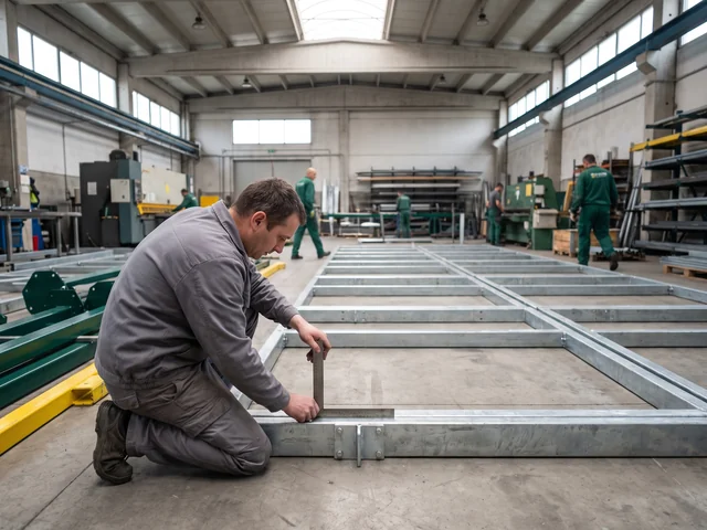 Galvanized trampoline court frame sections on the steel workshop floor
