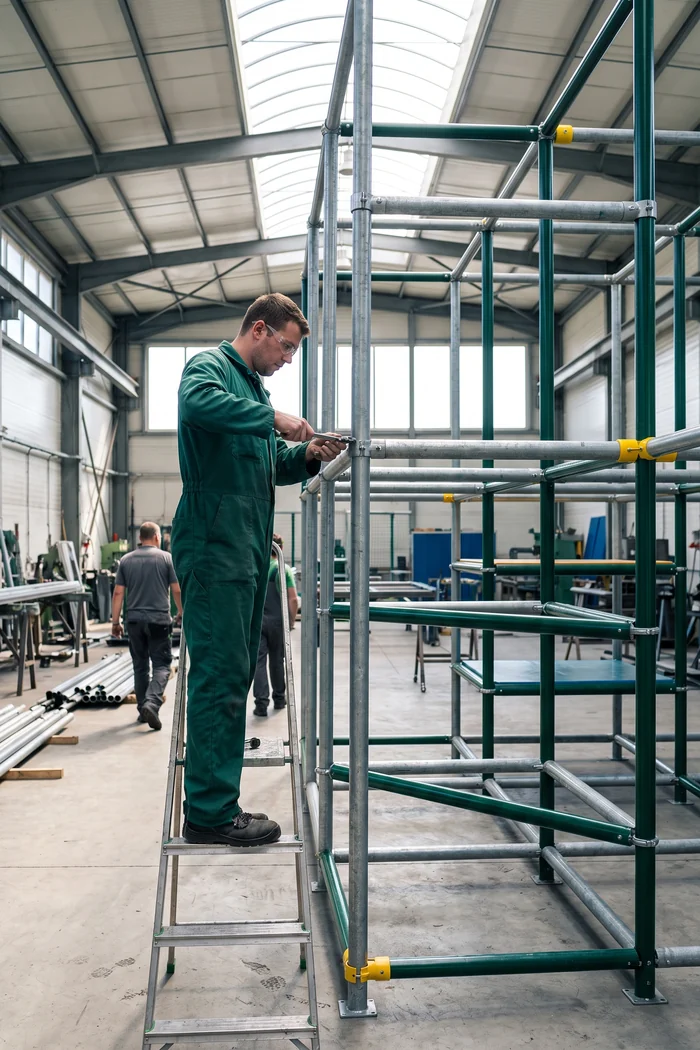 Soft play steel frame of Ø48 mm galvanized pipe being assembled in the steel workshop