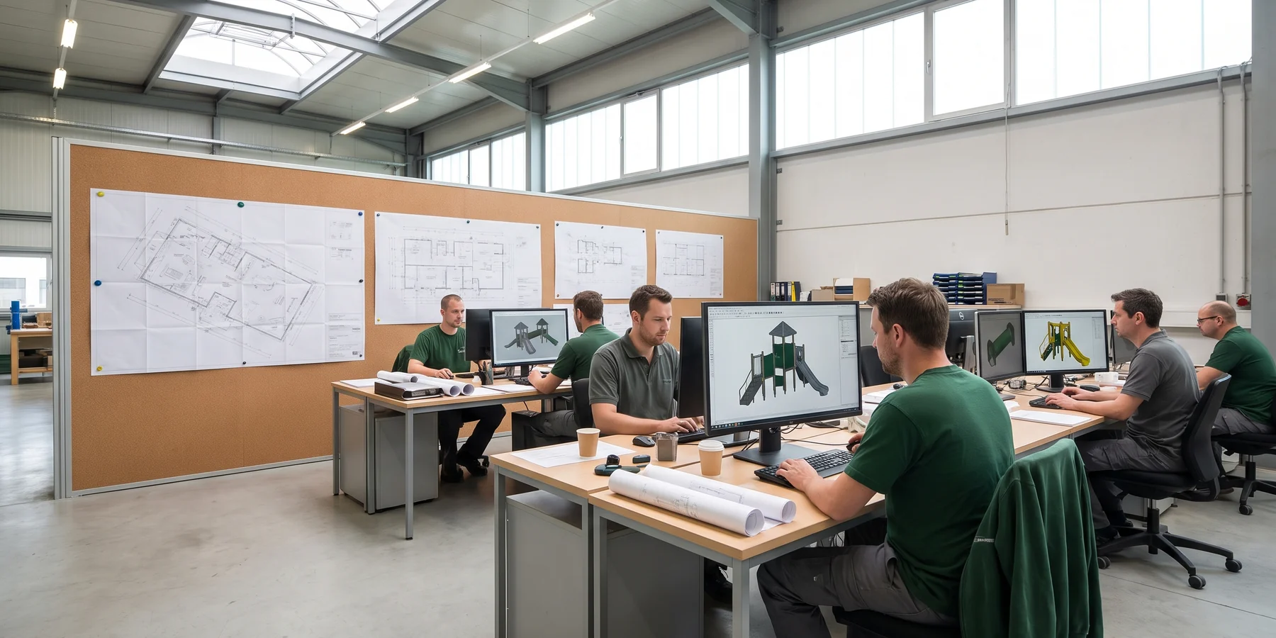 Design office with layout drawings and 3D renders on screens
