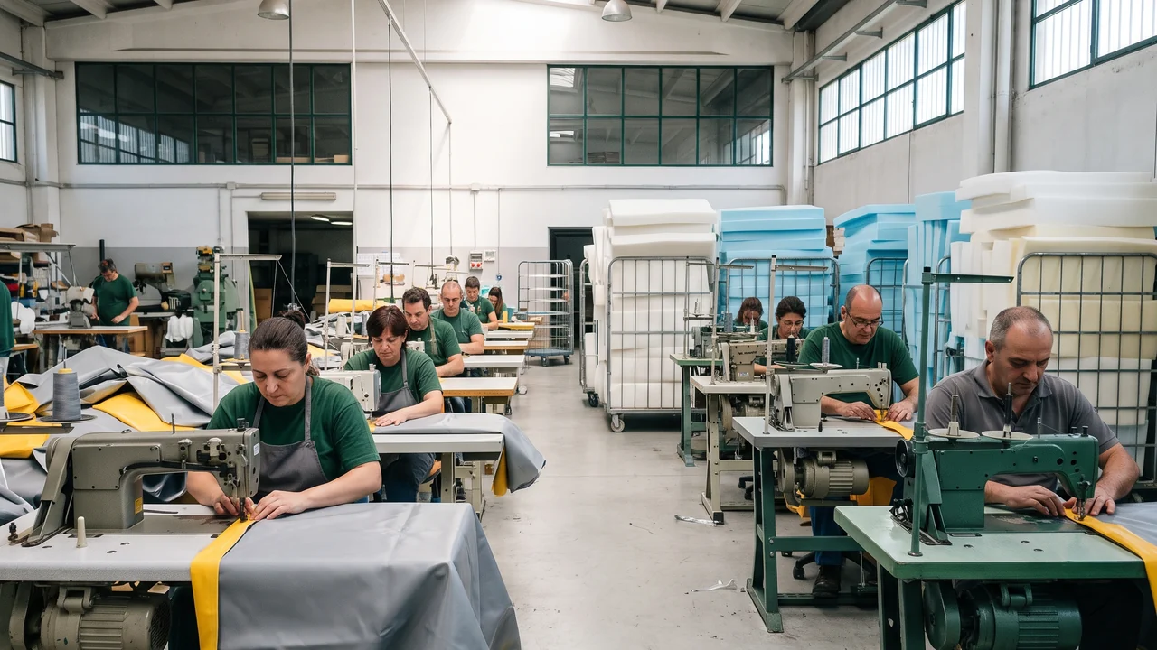 Soft play sewing workshop with rows of industrial sewing machines