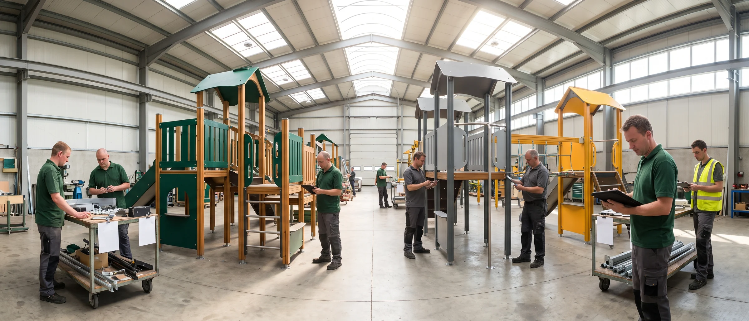 Pre-assembly yard with several outdoor play structures assembled before packing