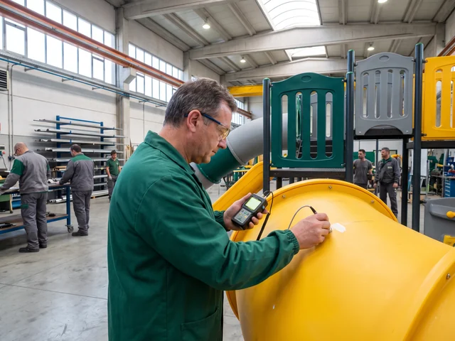 QC inspector measuring slide wall thickness with an ultrasonic thickness gauge