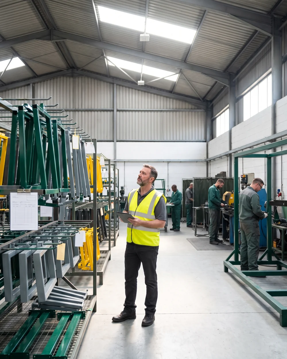 Project manager checking a tablet against parts in the pre-assembly yard