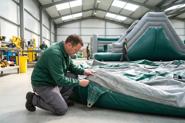 QC checking the stitched seam of a commercial inflatable