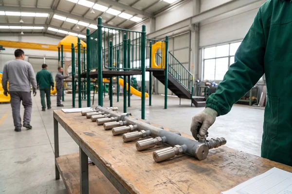 Stainless steel splash pad nozzles and manifold on an inspection bench