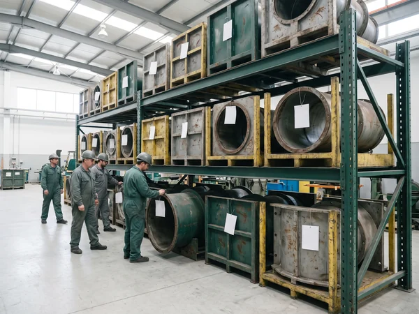 Rack of steel rotomolding molds kept in the factory