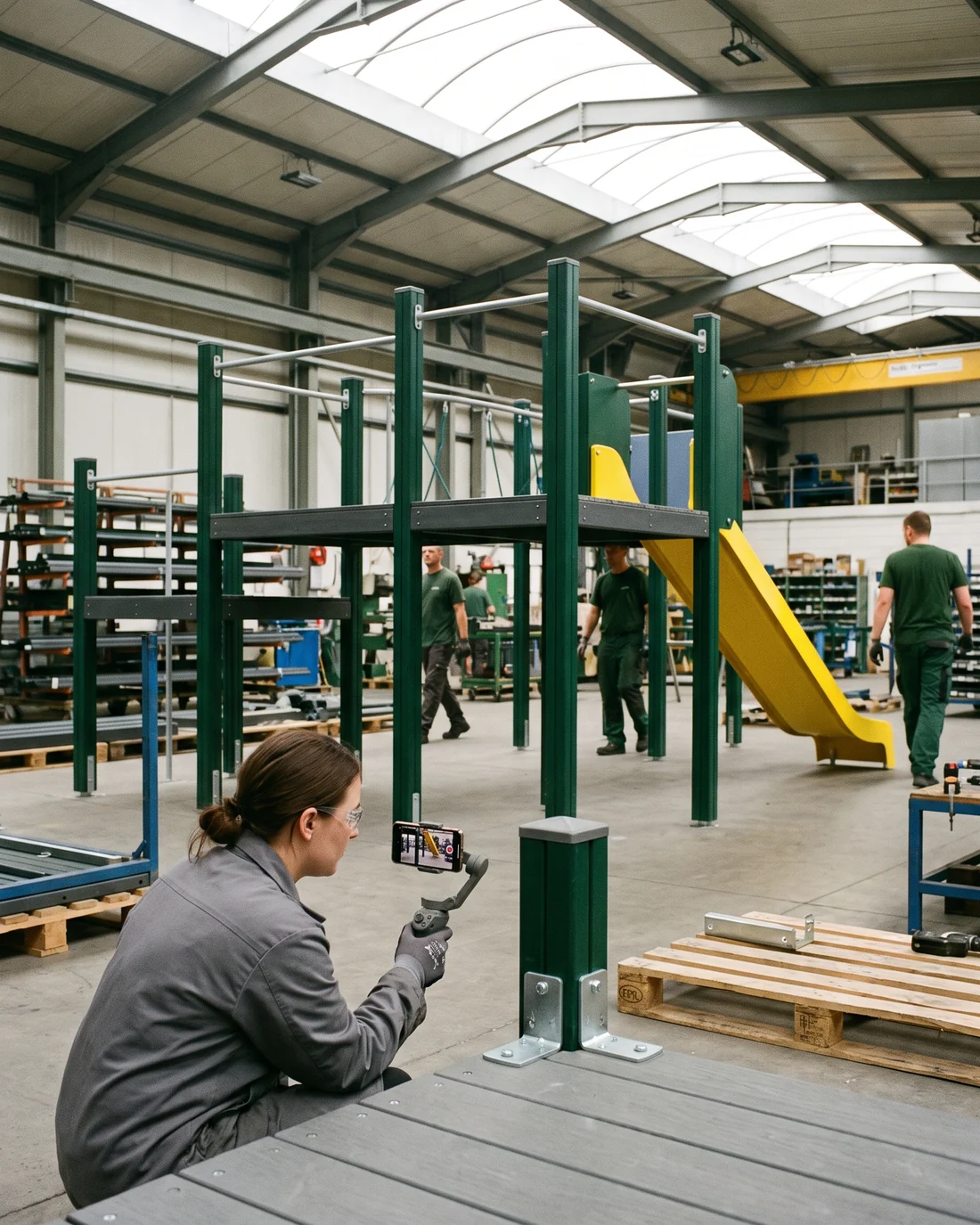 A pre-assembled outdoor structure in the factory yard being filmed on a phone for the buyer