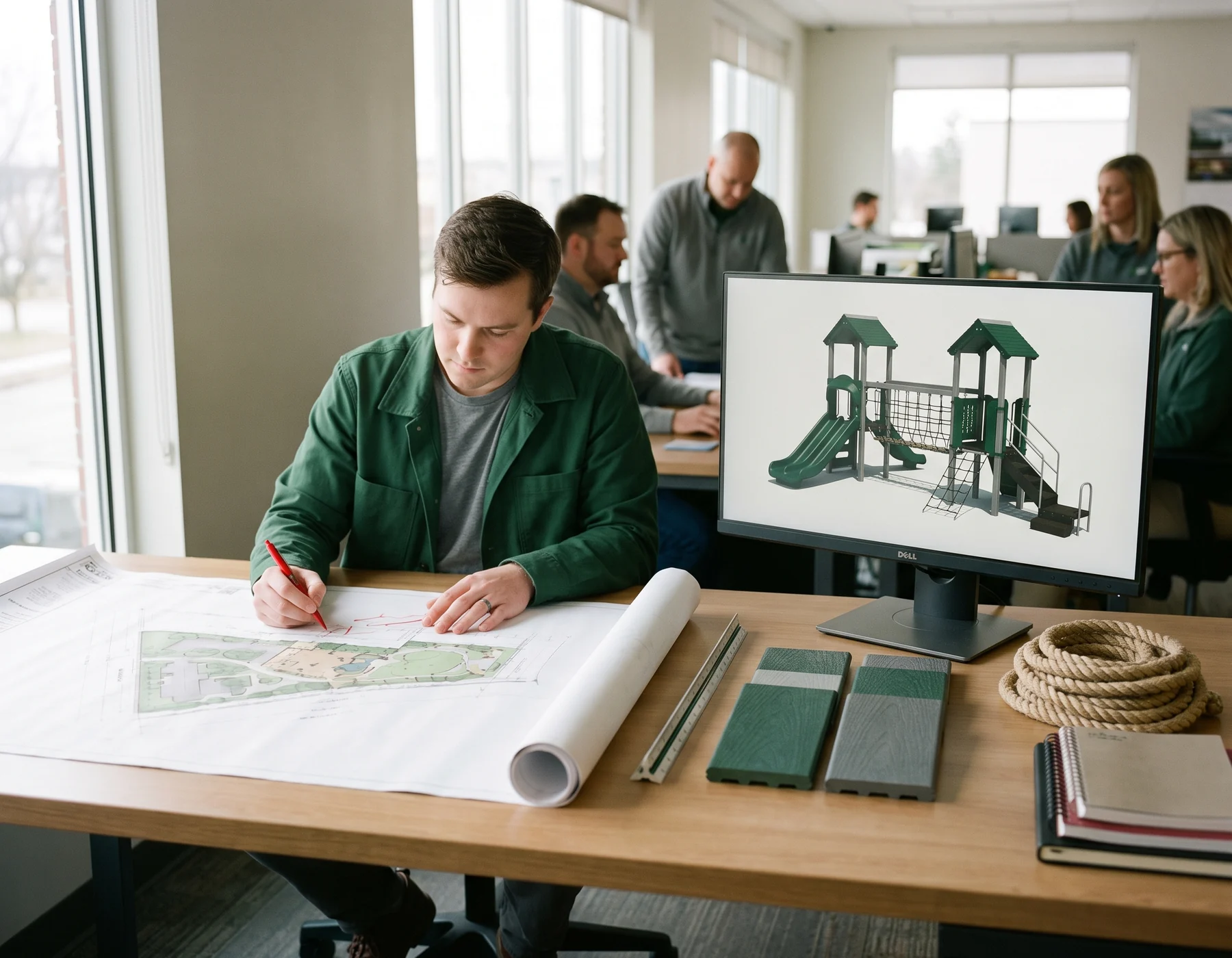 Playground designer marking a printed site layout at a drawing table beside a 3D render of a play structure