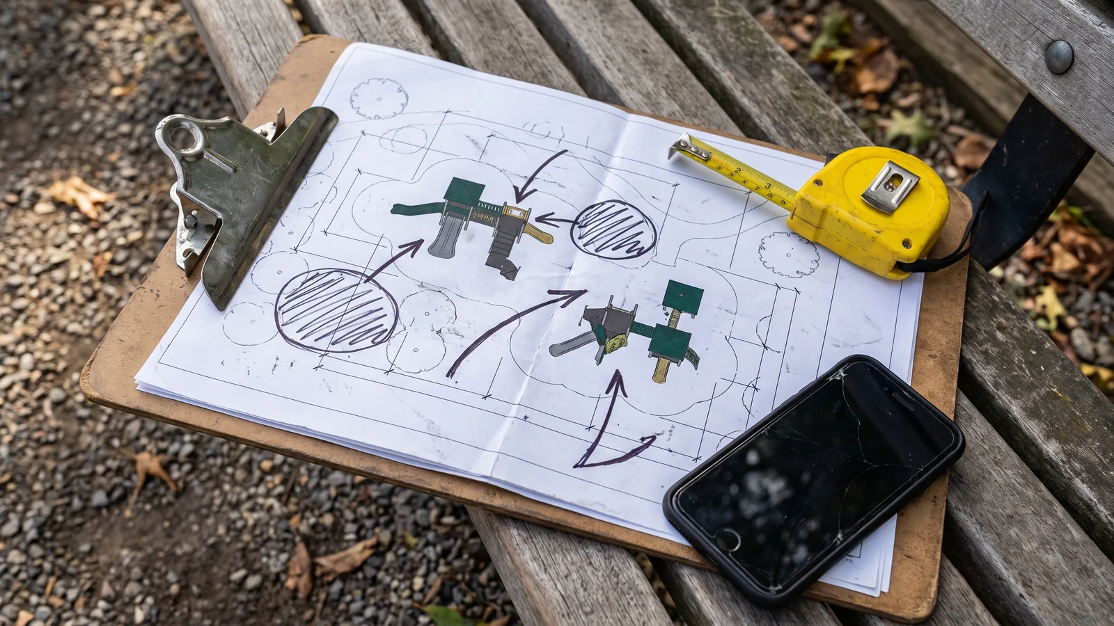 Scaled site plan of a park playground area with dimensions, trees and access paths marked