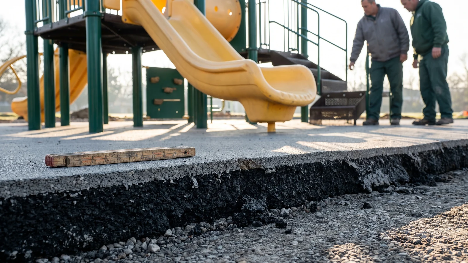 Poured-in-place EPDM surfacing laid under a commercial play structure
