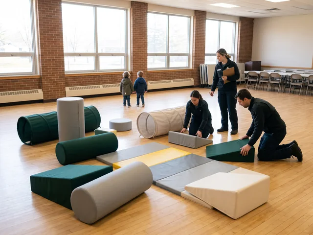 Loose soft play modules in a fellowship hall with large windows
