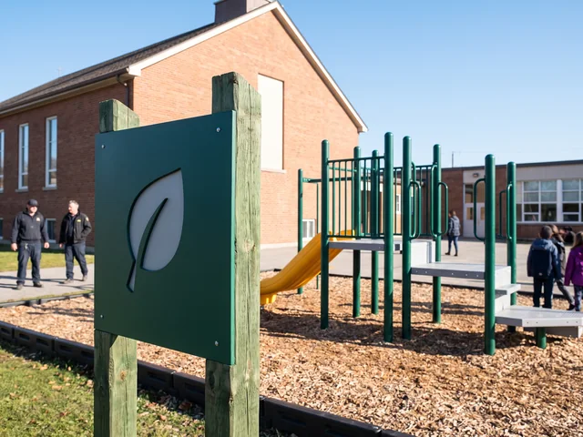 HDPE entry sign with a two-color inlaid emblem at a church play area