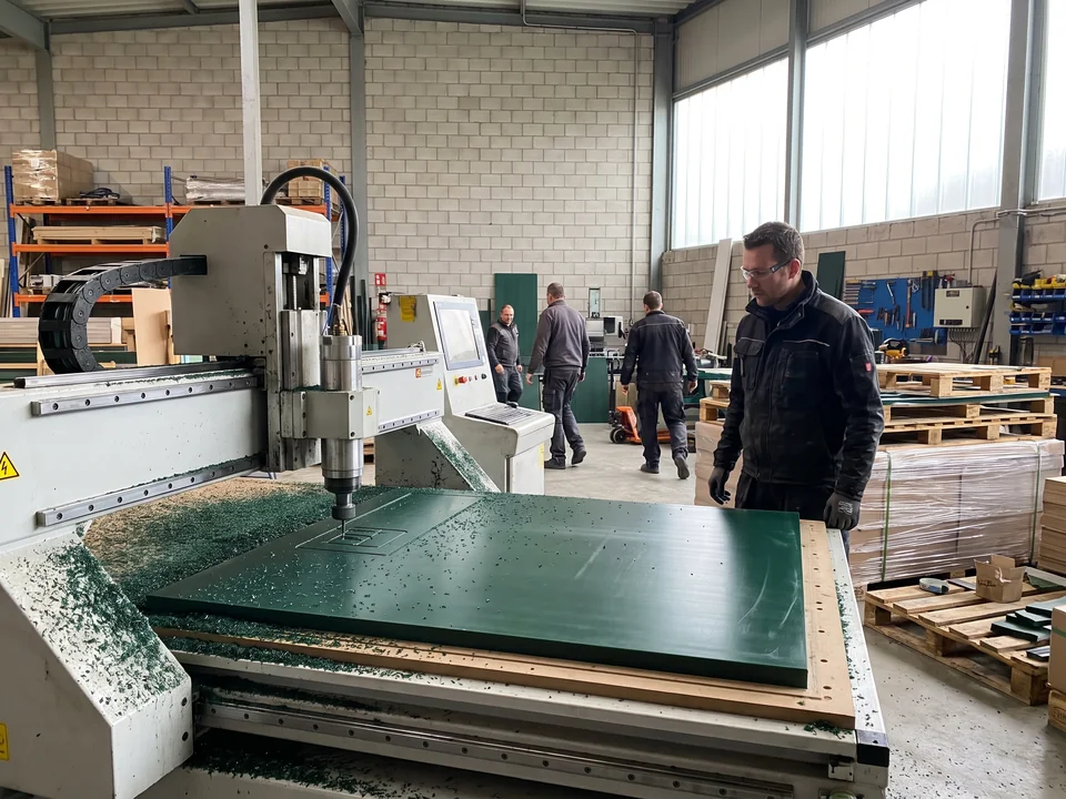 CNC router engraving a sheet of 19 mm HDPE in the panel workshop