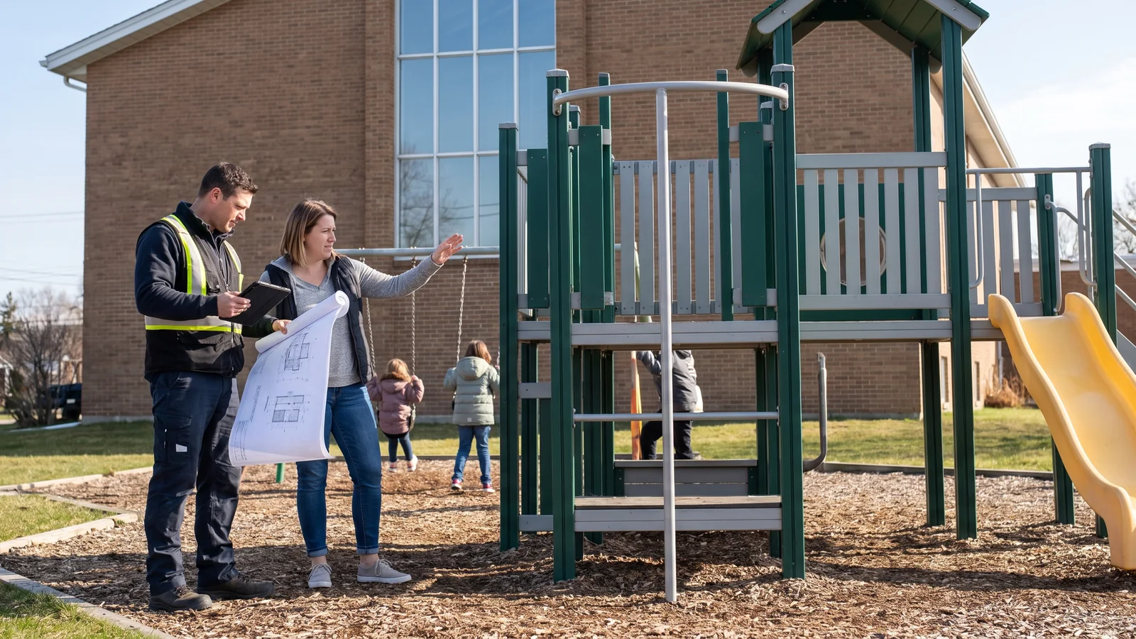 Local playground inspector checking a church play structure against printed drawings