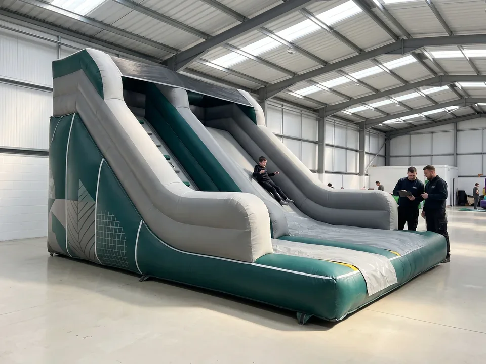 Dry inflatable slide with climbing lane, platform and slide lane on an indoor floor