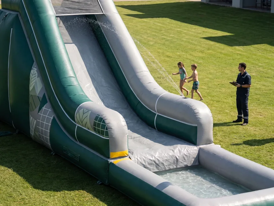 Inflatable water slide with a spray line and landing pool on a resort lawn