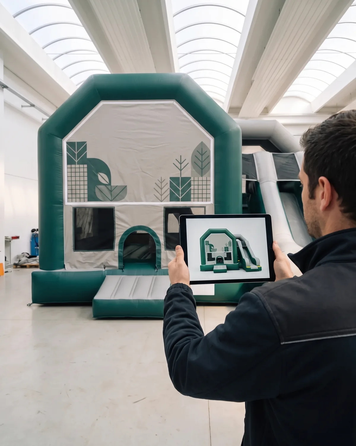The approved render held up beside the printed combo unit B1-004 at the inflation check, the same leaf-and-grid artwork on screen and on the front panel