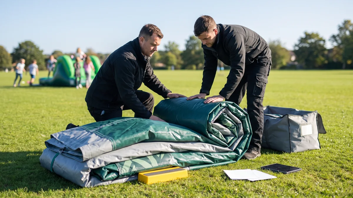 Two staff folding a dried water slide into its storage bag on a lawn at the end of the season