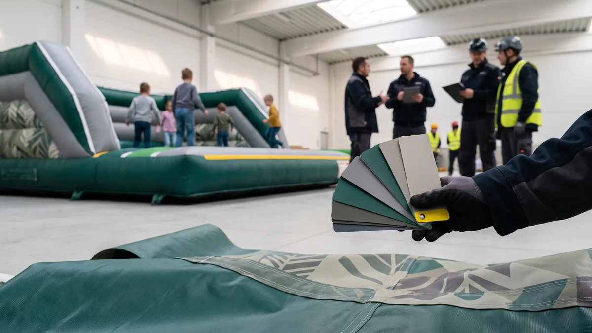PVC color card laid on a piece of printed green tarpaulin