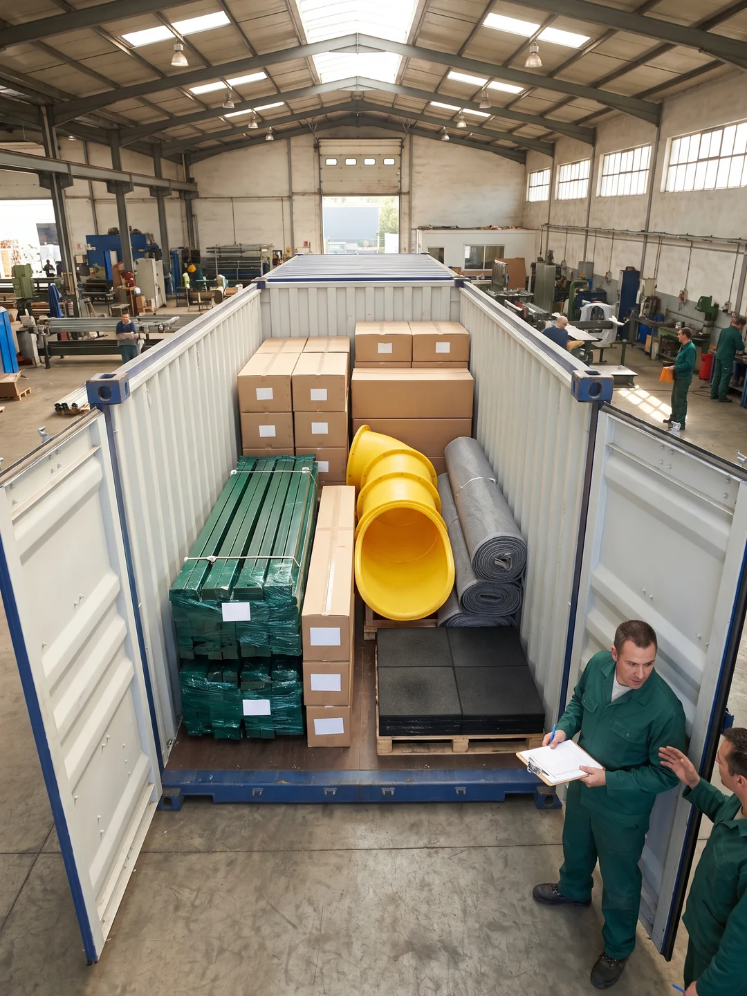 A container loaded with steel posts, play parts and pallets for one site