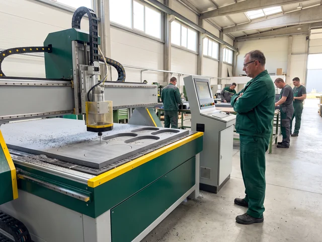 CNC router cutting a grey HDPE play panel