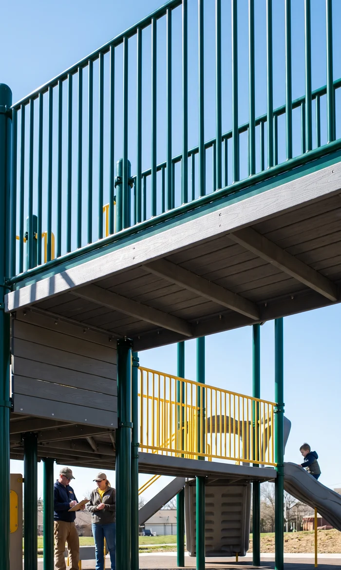 High play deck with a protective barrier on a commercial play structure