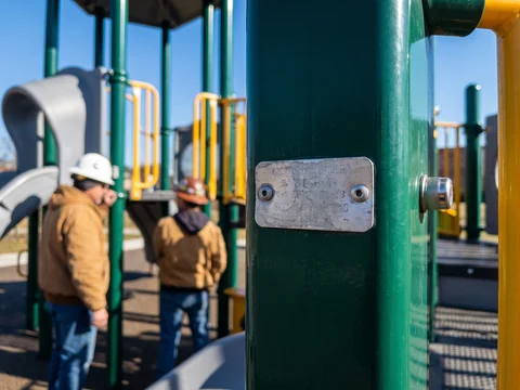 Part-number tag on a playground post next to a capped stainless bolt