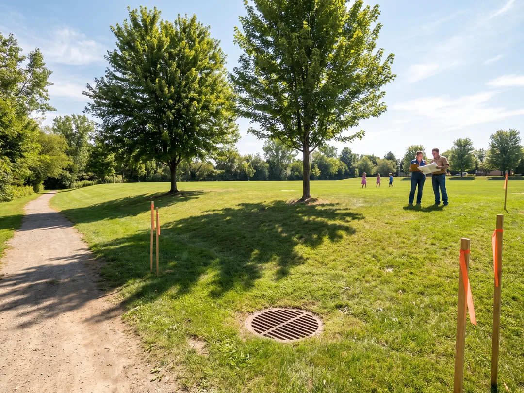 Photo of a proposed playground site corner with trees and a drain