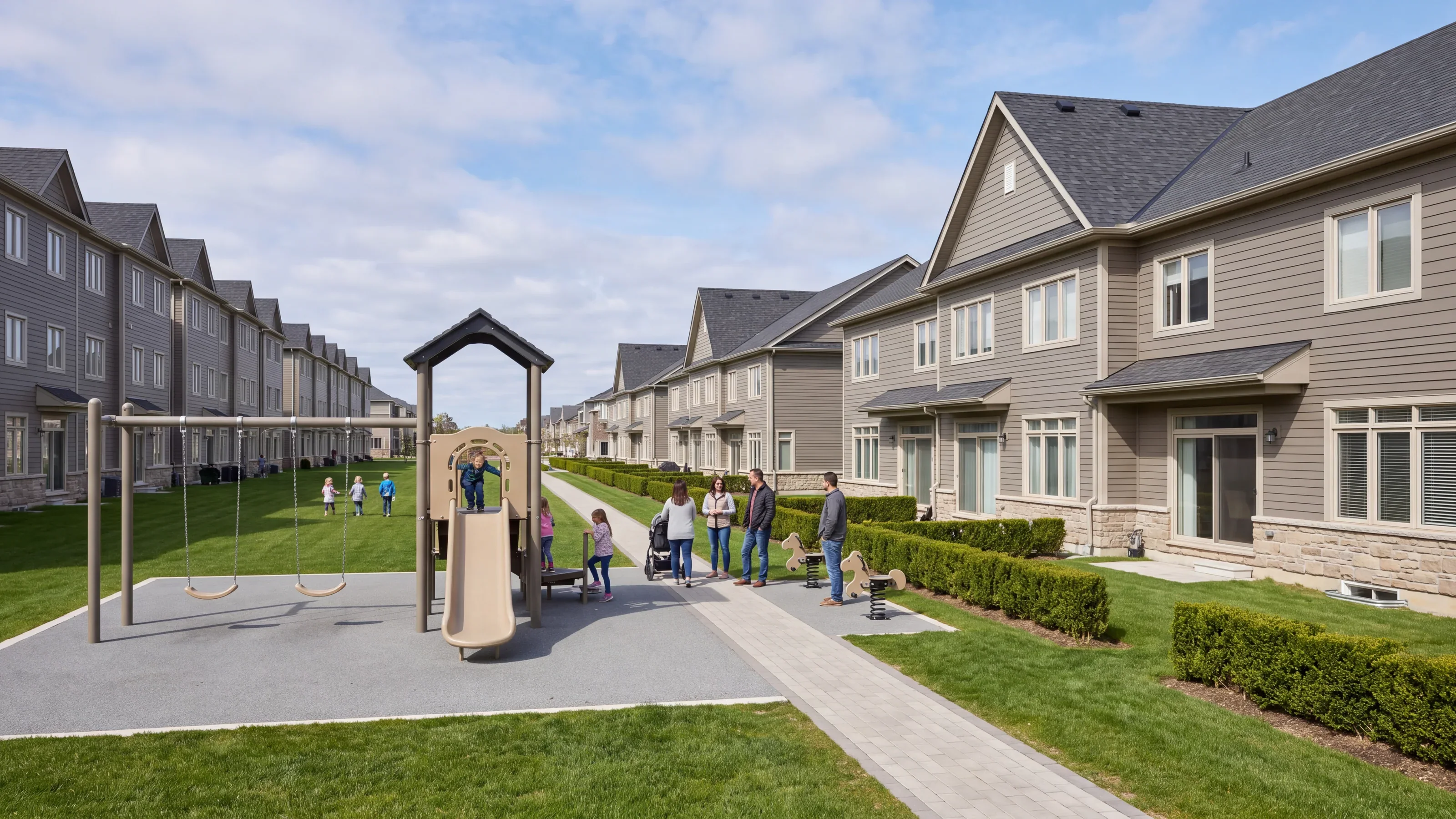 Morning view down a common green between two rows of townhomes, with a compact play structure in the same warm grey, charcoal and sand colors as the homes, its tower on the path side and a swing bay swinging along the green