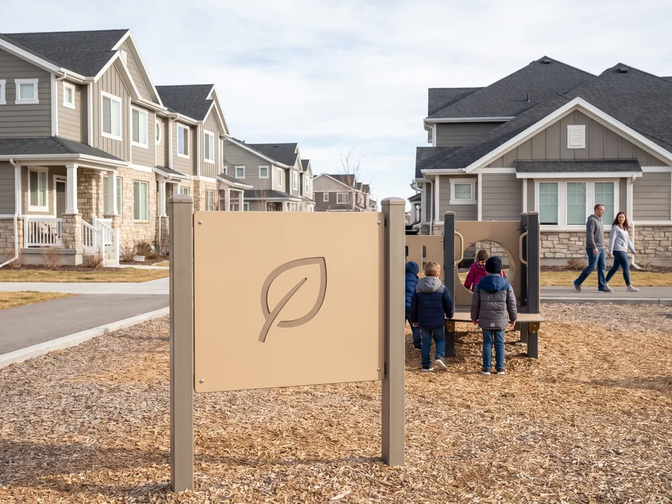 Freestanding HDPE play panel on its own posts with an engraved community emblem