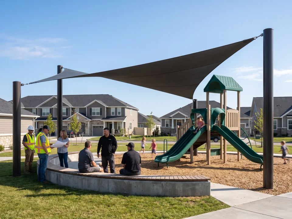 Shade sail on its own posts over the parent seating edge of a community play area