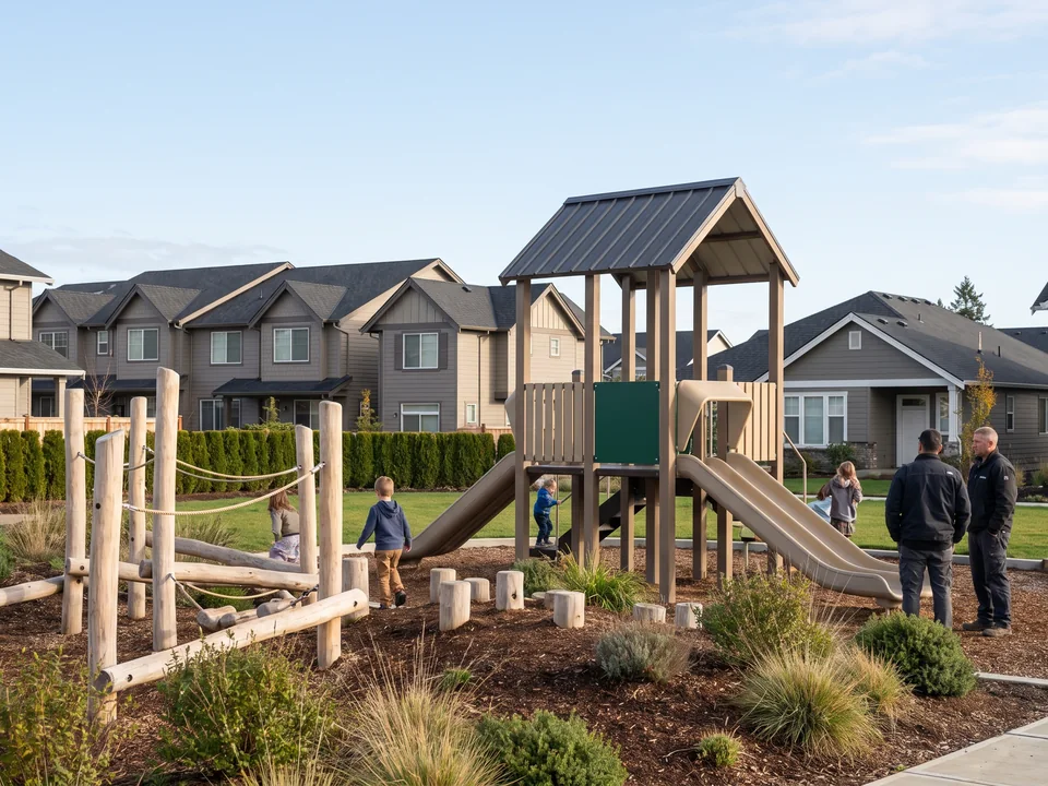 Robinia climbing frame and balance trail beside timber-look powder-coated steel play pieces