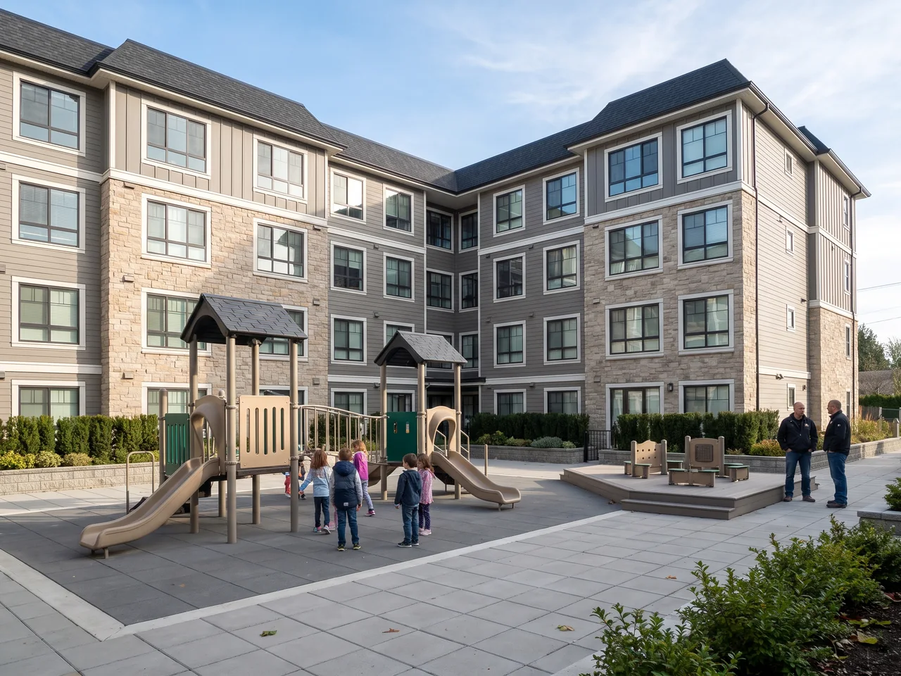 Low, open play pieces in a courtyard enclosed by a low-rise condominium on three sides