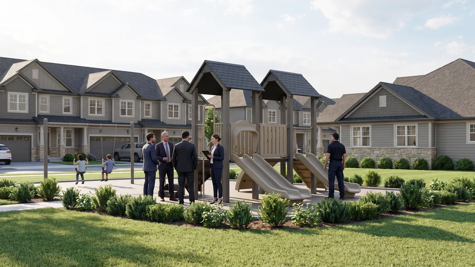 Eye-level 3D render of the proposed play area on a green between townhomes