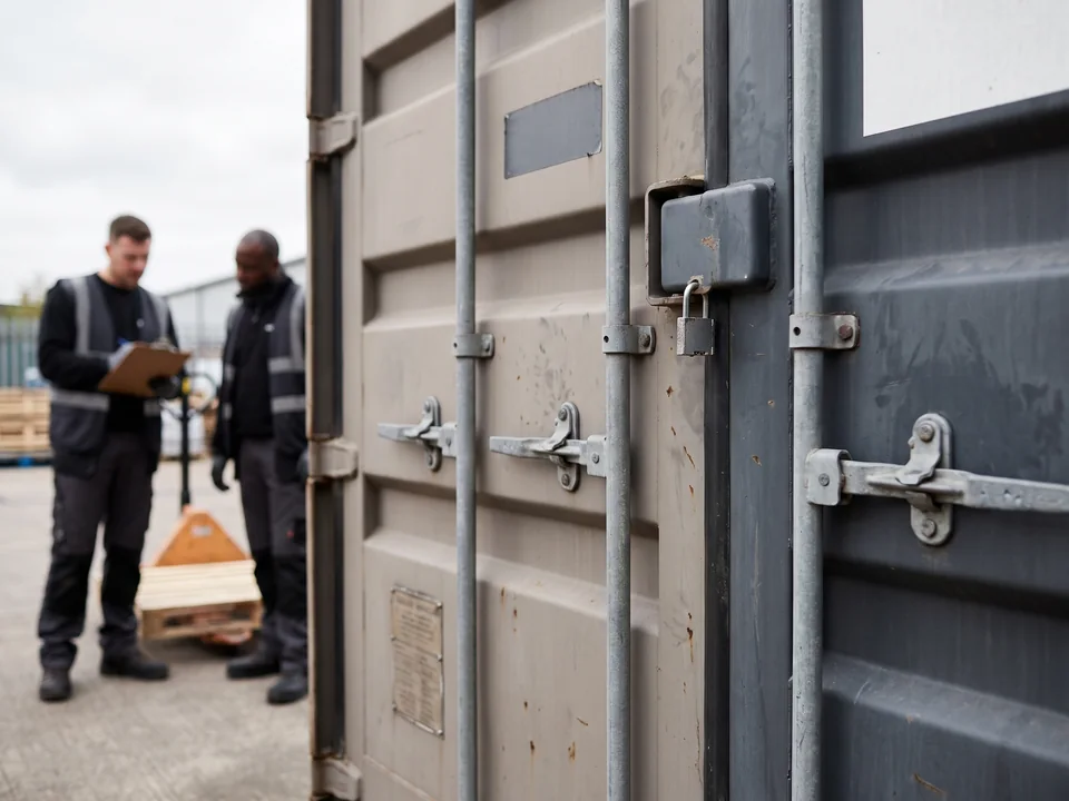 Container doors closed and sealed, photographed before shipment