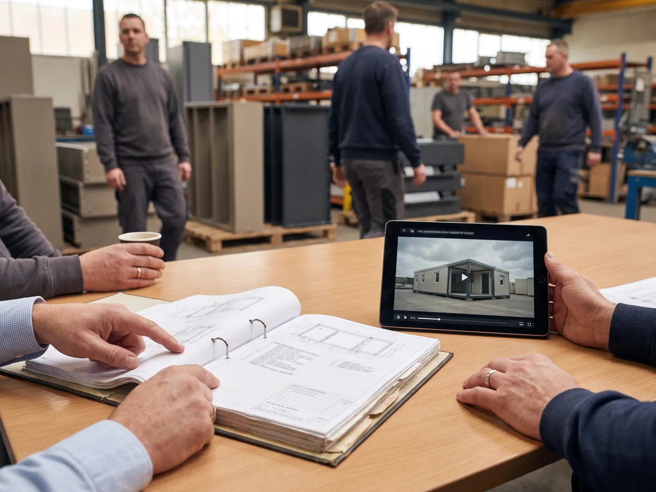 An open project file with installation drawings and part lists, a tablet showing the pre-assembly video