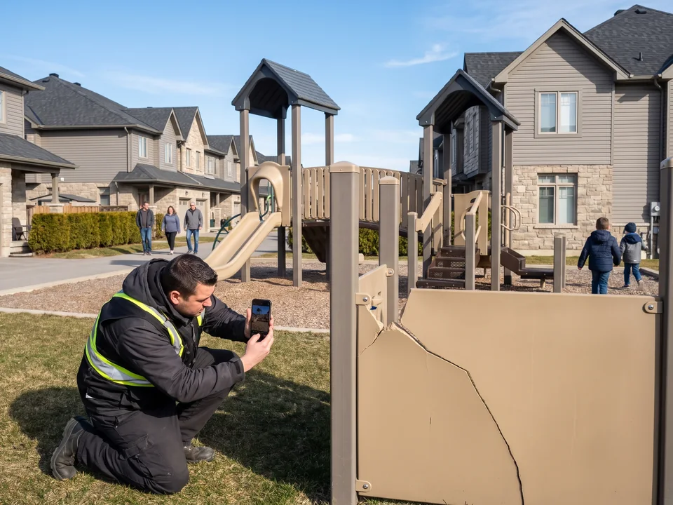 A site manager photographing a part of an existing play structure with a phone