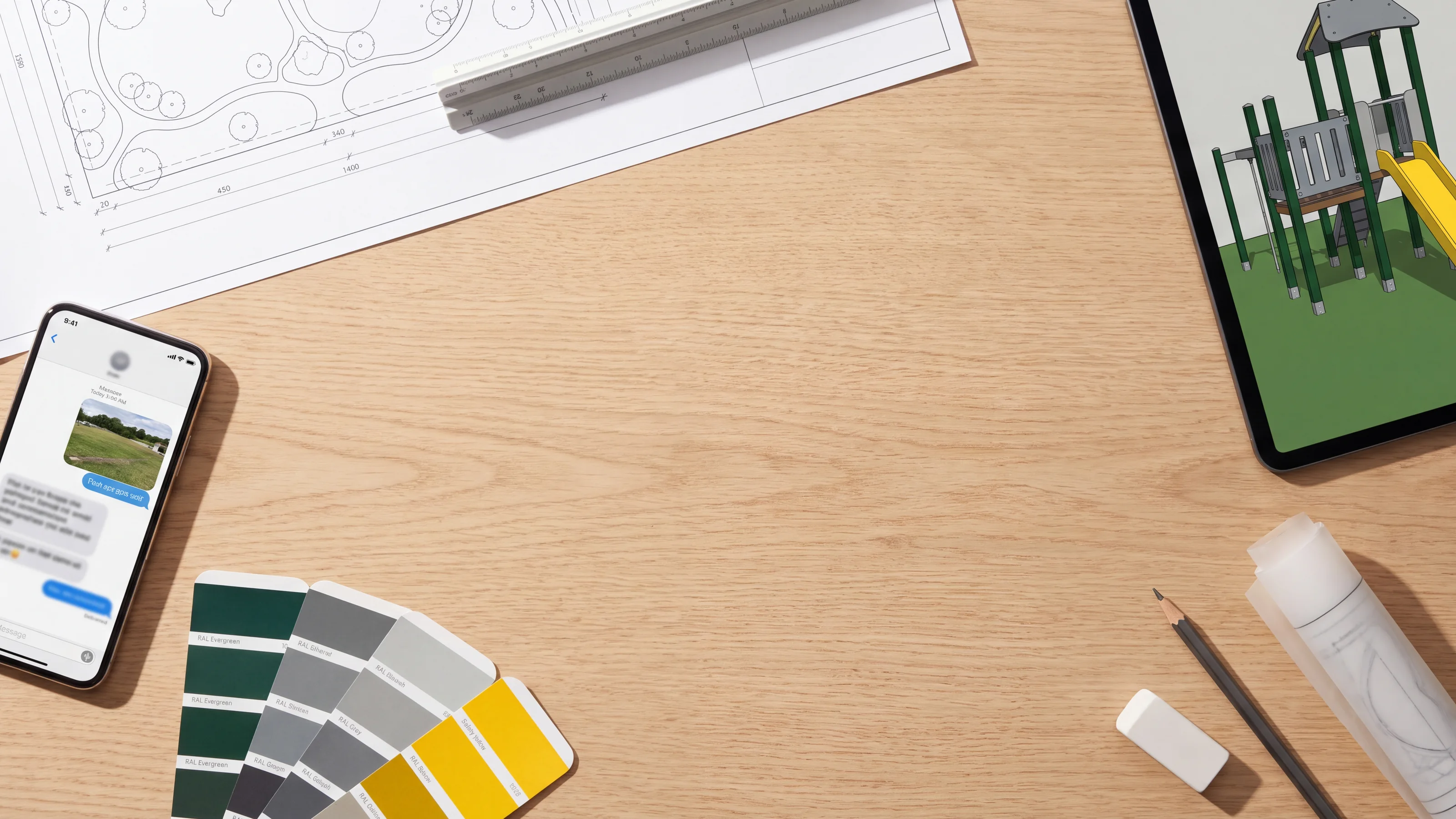 Design desk with a printed site plan, a scale ruler, a phone with a site photo and a RAL color fan