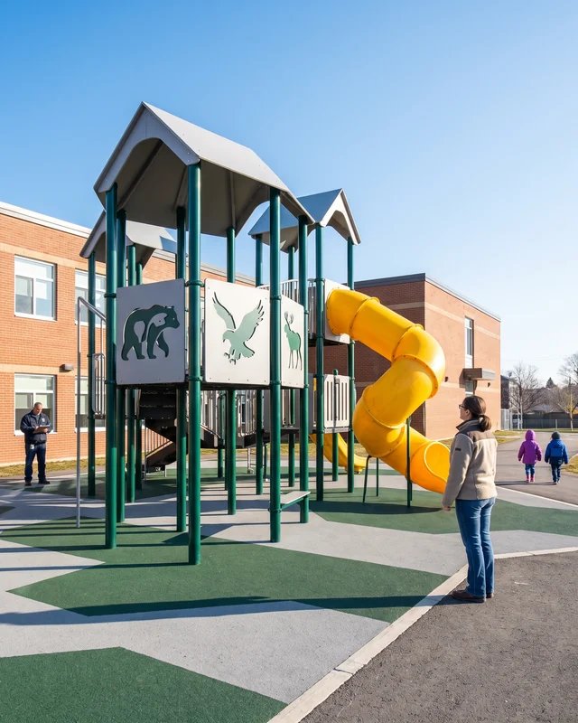 A school playground with mascot panels on the structure