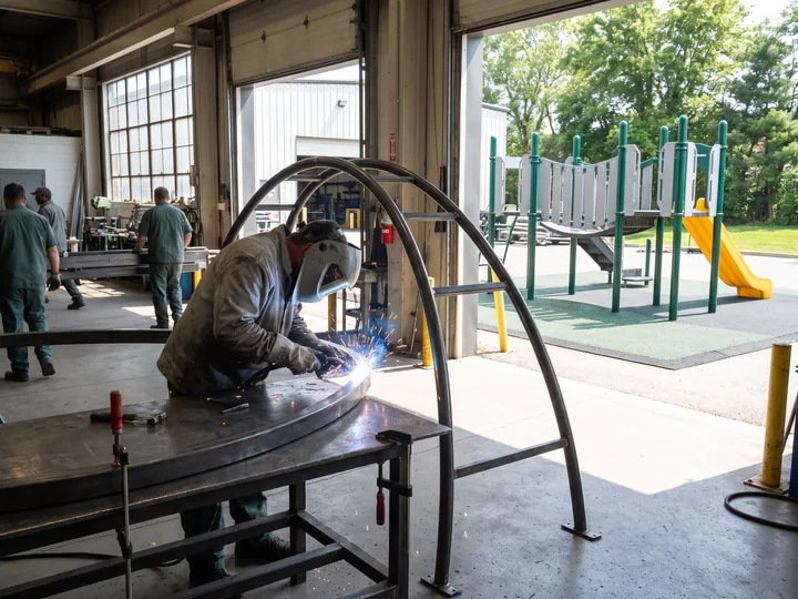 A welder hand-welding a curved custom arch frame