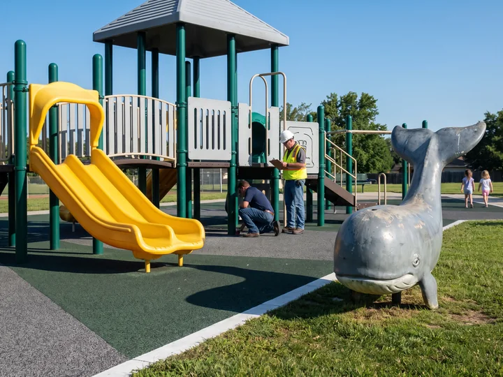 A fiberglass figure placed outside the use zone of a slide exit