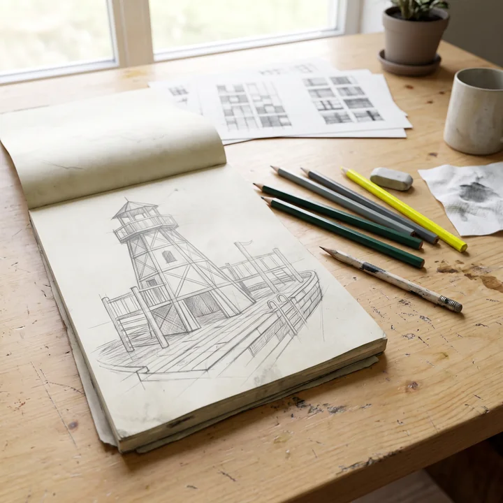 A hand-drawn theme sketch of a lighthouse and a ship