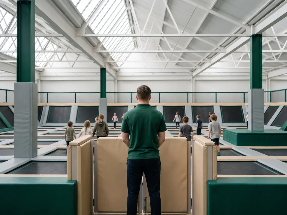 Staff member in an evergreen polo standing at the entrance gate of a trampoline court