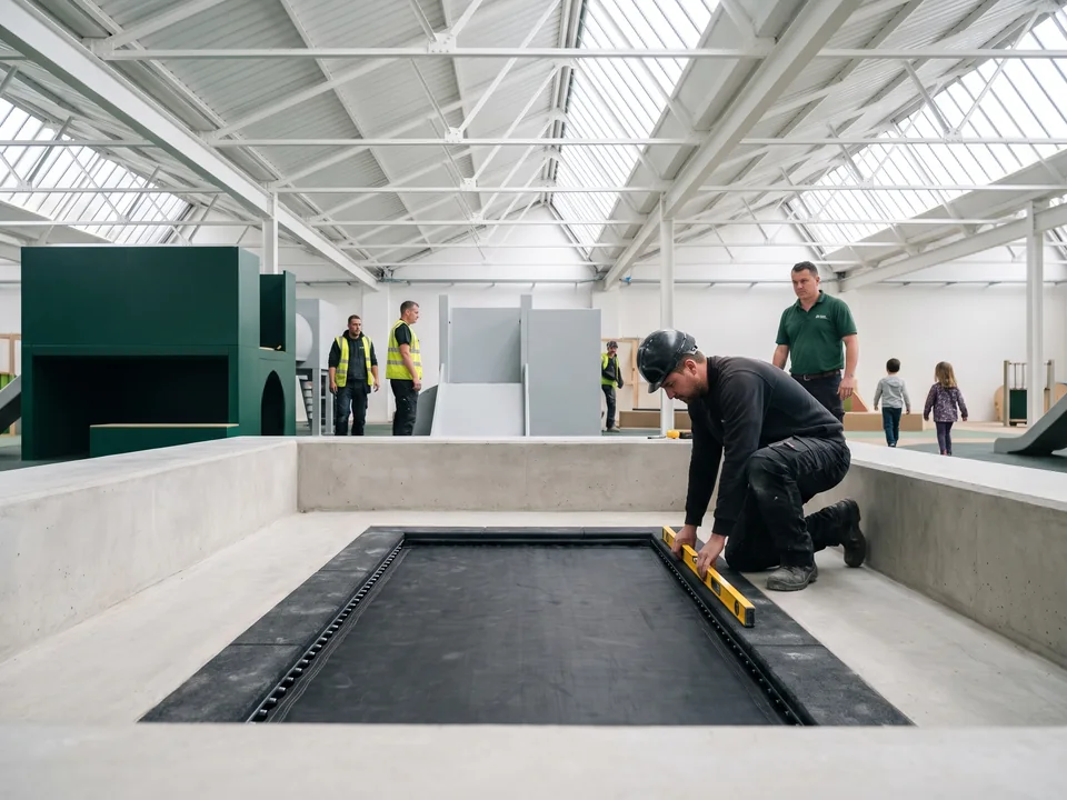Finished in-ground trampoline pit with clean concrete edges, built to the outline on the drawing