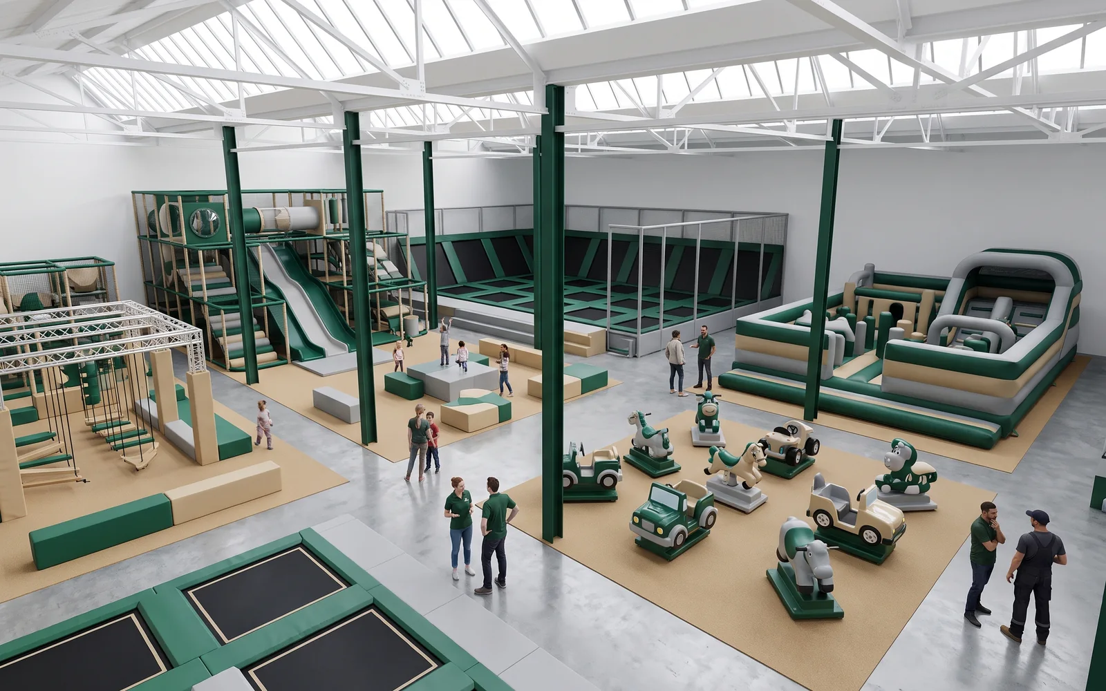 A 3D aerial render of a whole venue floor with one theme on every attraction