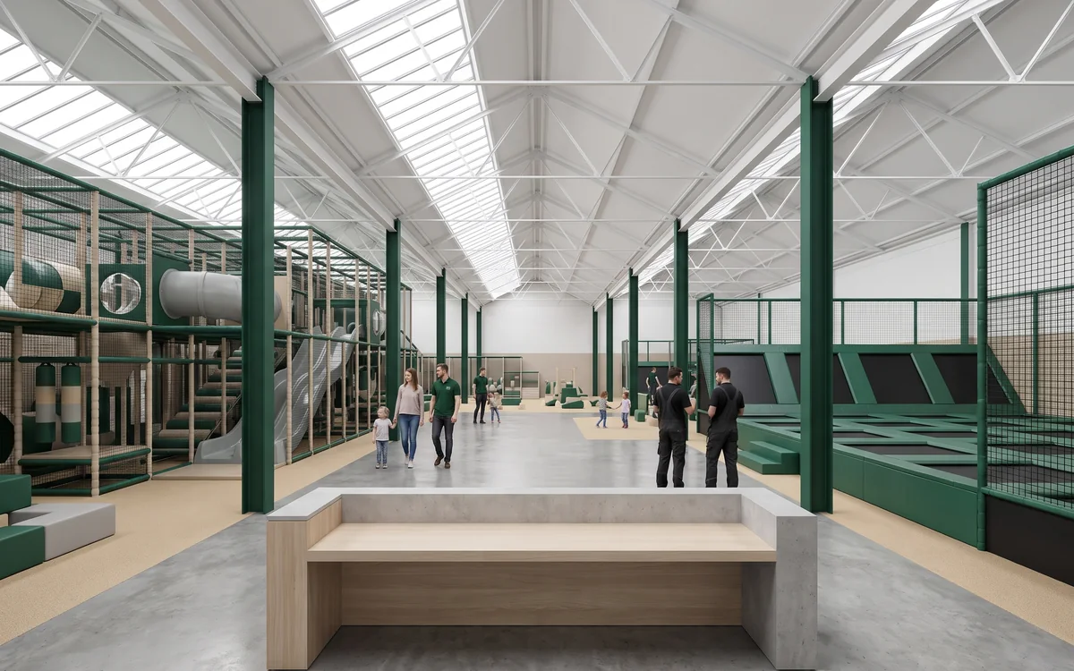 An eye-level 3D render looking into a themed venue from the entrance