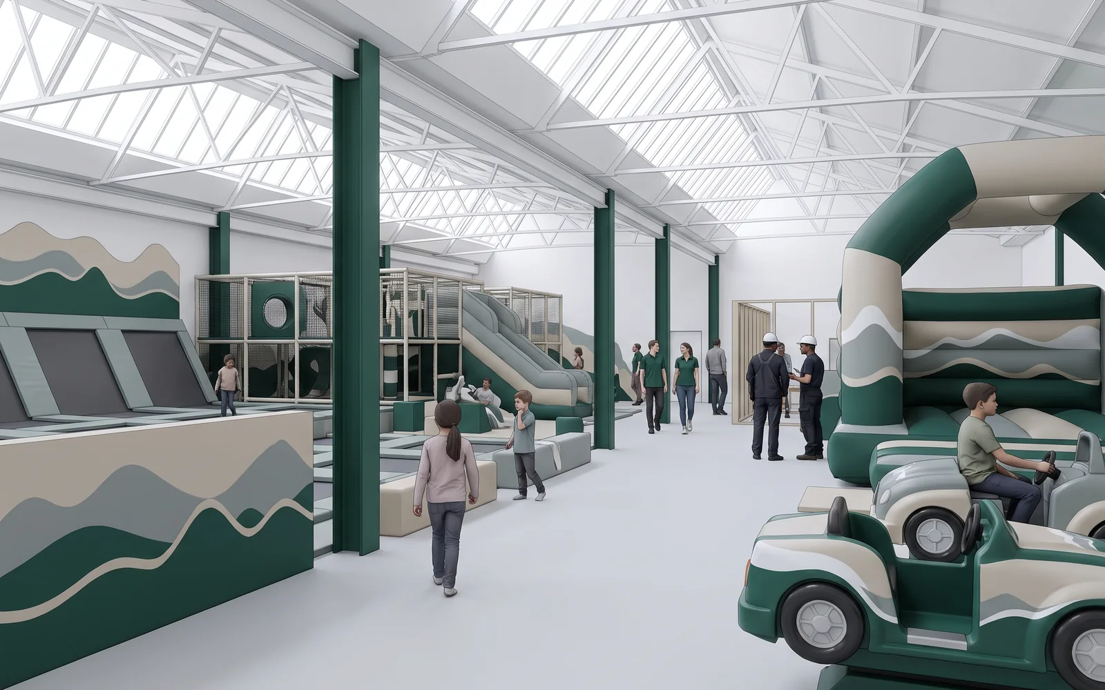 Render of a whole FEC floor with one wave and mountain theme running across every attraction