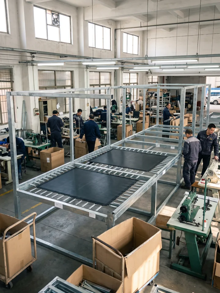 Trampoline frame trial-assembled with sample cells hung with beds and springs